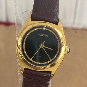 Vintage Austin Analog Quartz Diamond at 12 Gold Tone Brown Strap